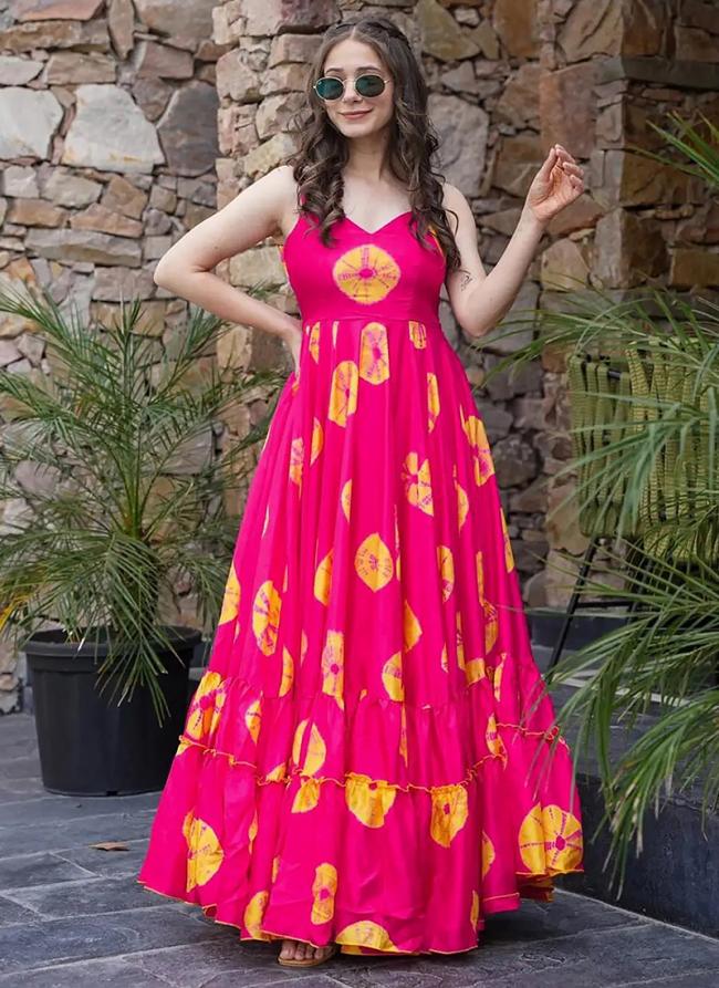 Heavy Rayon Pink Festival Wear Printed Readymade Gown